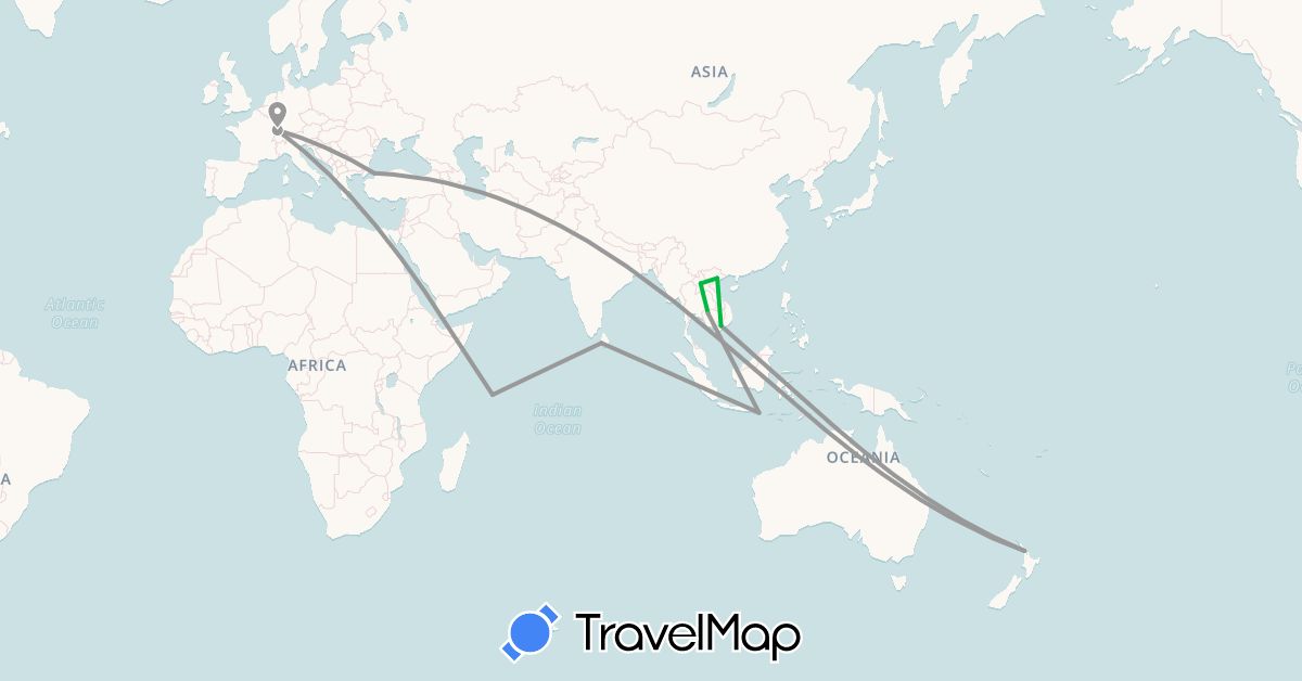 TravelMap itinerary: driving, bus, plane in France, Indonesia, Cambodia, Laos, Sri Lanka, New Zealand, Seychelles, Turkey, Vietnam (Africa, Asia, Europe, Oceania)